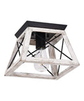 Farmhouse White Square Ceiling Light Fixture Semi Flush Mount With Rustic Iron Frame And Faux Wood Grain Finish