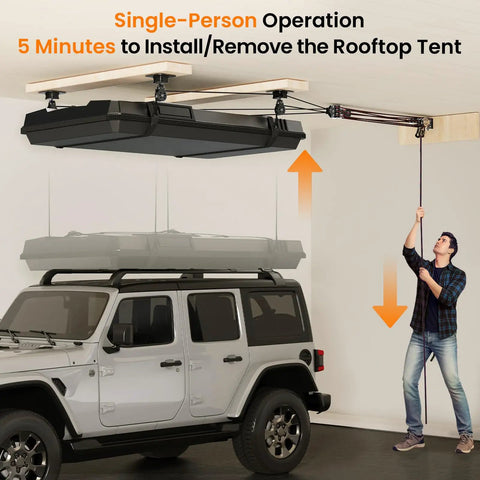 Garage Ceiling Storage Lift System For Roof Top Tent Hoist Heavy Duty Overhead Pulley 4 Point Lift 250lb Capacity in use