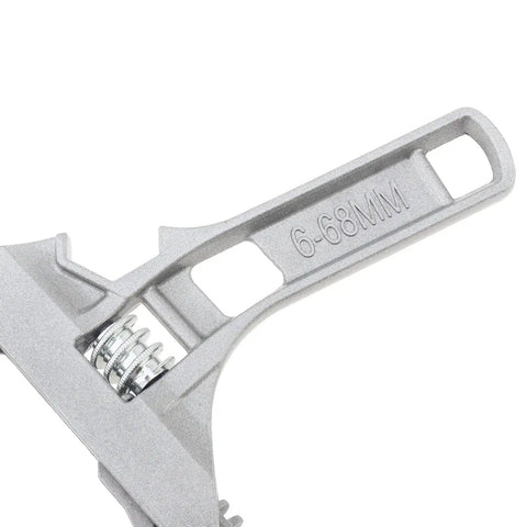 Close-up of Stubby Adjustable Wrench With Wide Jaw Opening Aluminum Alloy Heavy Duty Spanner showing size markings 6-68 mm