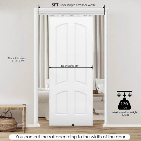 60Inch Sliding Pocket Door Hardware Kit With Aluminum Track And Soft Close Rail installed on a 30-inch wide door frame in a living room.