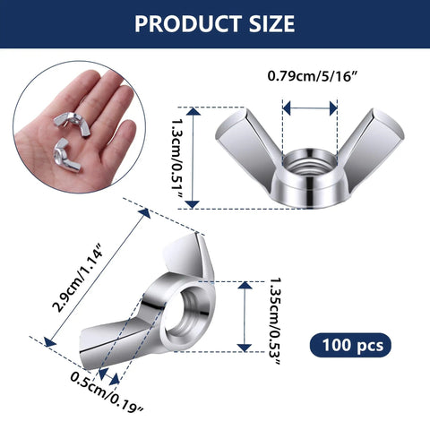 100 Pack 5/16-18 Wing Nuts Zinc Plated Carbon Steel Butterfly Hardware Fasteners size dimensions on a graphic with hand for scale.