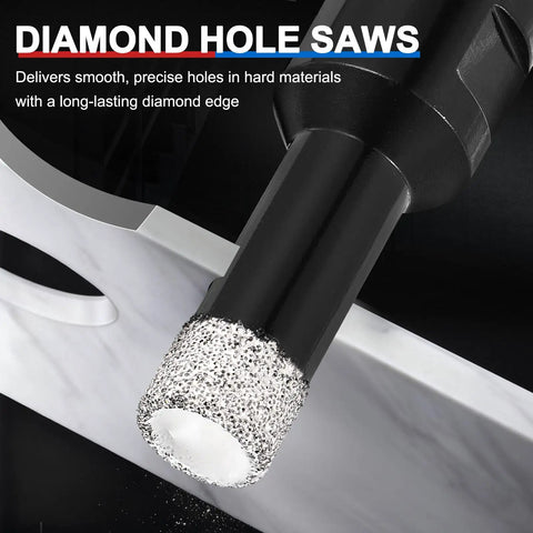 Close-up of Three Pack Diamond Hole Saw Set, 5mm Core Drill Bits With Five Eighths Inch Thread for Angle Grinders on marble tile