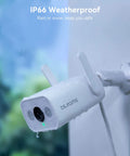 Outdoor Security Camera With 3MP Color Night Vision, Two Way Audio, IP66 Weatherproof, mounted outside on a wall.