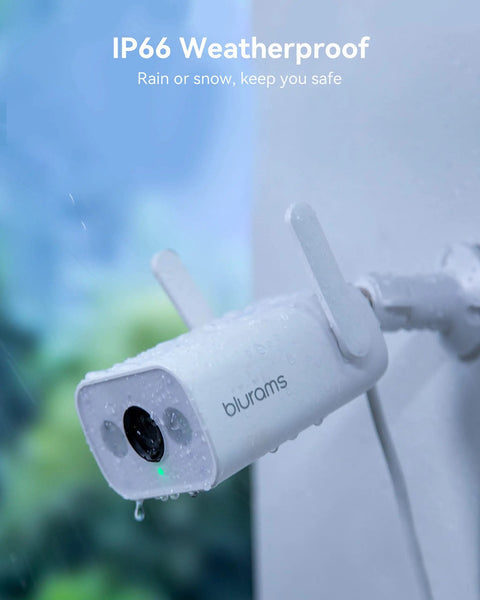 Outdoor Security Camera With 3MP Color Night Vision, Two Way Audio, IP66 Weatherproof, mounted outside on a wall.