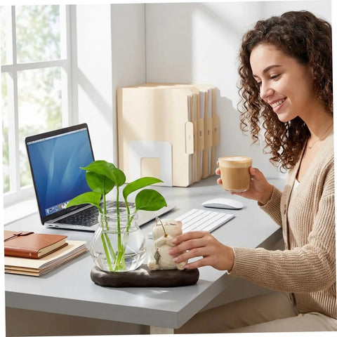 Dope Glass Propagation Station With Wood Display Vases For Water Rooting, used on desk by woman with laptop and coffee