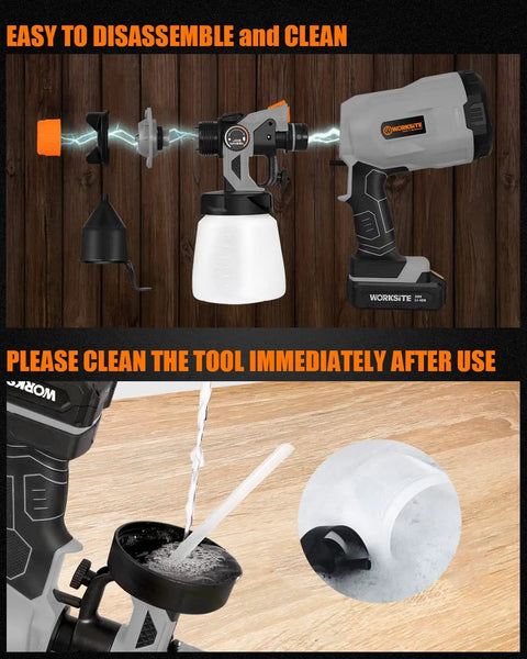 Cordless 20V Paint Sprayer Gun With Dual Batteries, HVLP Sprayer disassembled with water cleaning at nozzle, gray finish