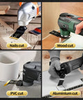 Hiinny titanium oscillating tool blades set (6pc) for metal, wood, PVC, and aluminum cutting; collage of uses.