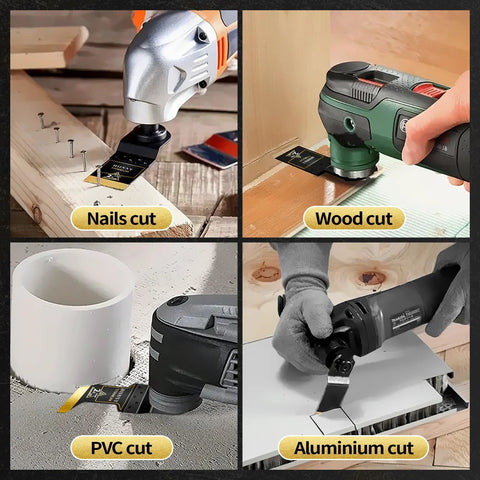 Hiinny titanium oscillating tool blades set (6pc) for metal, wood, PVC, and aluminum cutting; collage of uses.