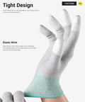 Close-up of ESD Anti Static Gloves with carbon fiber, medium size, ergonomic palm, polyurethane coated fingers showing elastic wrist.