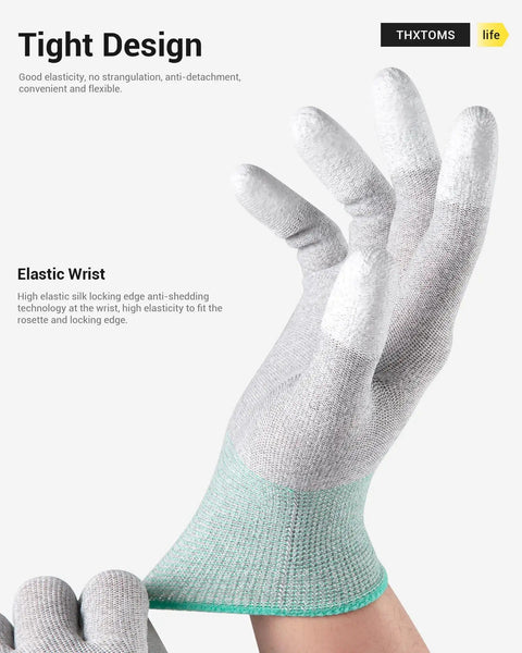 Close-up of ESD Anti Static Gloves with carbon fiber, medium size, ergonomic palm, polyurethane coated fingers showing elastic wrist.
