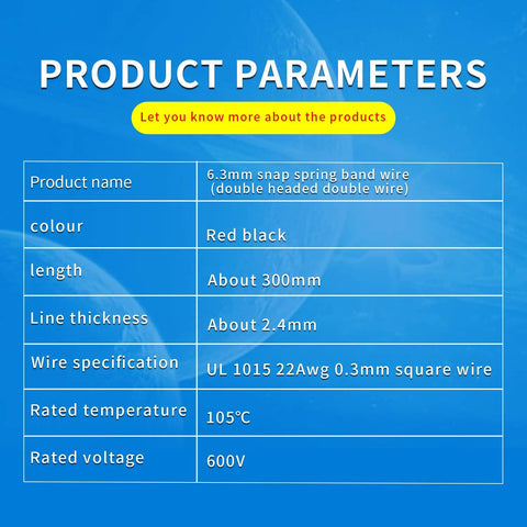 Product parameter chart for 30 Pcs 6.3mm Double Head Crimp Terminal With Insulating Sleeve Red And Black Female Spade Quick Splice Assortment Kit Heavy Duty For Auto Marine And Home Wiring 11.82 Inch Wire Length 15 Red 15 Black Durable Tin Plated Copper