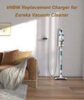 Charger For Eureka MC2805A And Rapid Clean Pro Vacuum Cordless Series No Fuss Fast Charge Adapter next to vacuum on wall