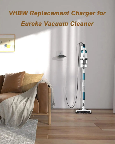 Charger For Eureka MC2805A And Rapid Clean Pro Vacuum Cordless Series No Fuss Fast Charge Adapter next to vacuum on wall