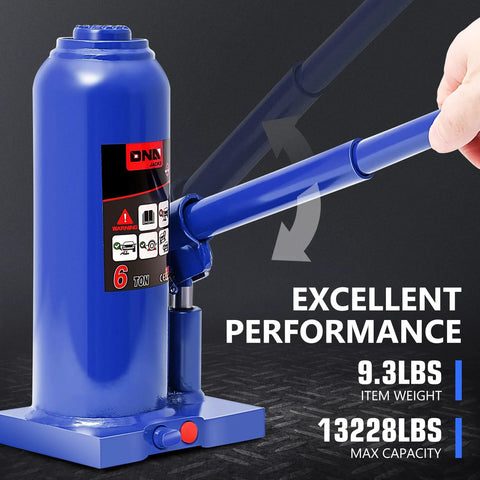 DNA Motoring blue hydraulic bottle jack with manual handle, 6-ton capacity for automotive repair