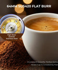 Pro Commercial Coffee Grinder With 64mm Flat Burr And Smart Touch Screen Weight Based Dosing for espresso brewing, showcasing SUS420 burr and coffee cup.