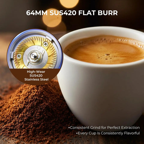 Pro Commercial Coffee Grinder With 64mm Flat Burr And Smart Touch Screen Weight Based Dosing for espresso brewing, showcasing SUS420 burr and coffee cup.