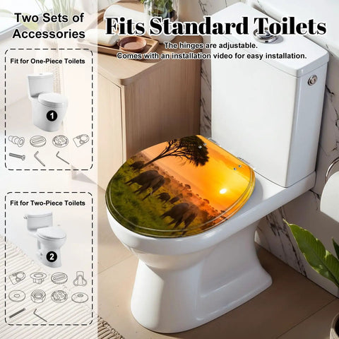 Round Sunset Toilet Seat on a standard toilet, showcasing durable resin and a beautiful sunset design.