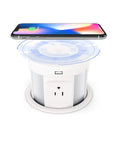 Slick Pop Up Countertop Outlet With Hidden Recessed Design, Wireless Charger Pad, USB Charging Hub, device charging wirelessly
