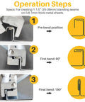 Diagram showing operation steps for 2-In-1 Standing Seam Tool For Roofing And Metal Work With Pro-Grade Dual Angle Control 90 And 180 Degrees Seam Height 1 To 1.5 Inches Leak-Proof Interlocking System Non-Slip Ergonomic Handle Sheet Metal Hand Seamer For Edging Roofing And Clamping.