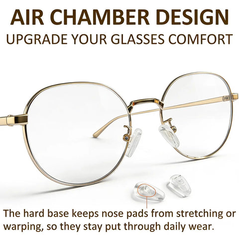 Five Pairs Silicone Eyeglass Nose Pads With Air Chamber All-Day Comfort installed on clear glasses, showing screw-in base.