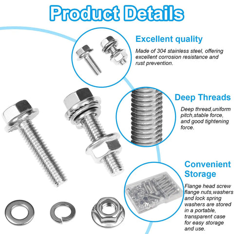 15 Set 1/4-20 X 1-1/4 Inch Flanged Hex Head Bolt And Nut Kit Built Tough With Genuine 304 Stainless Steel, showing bolts, nuts, and washers.