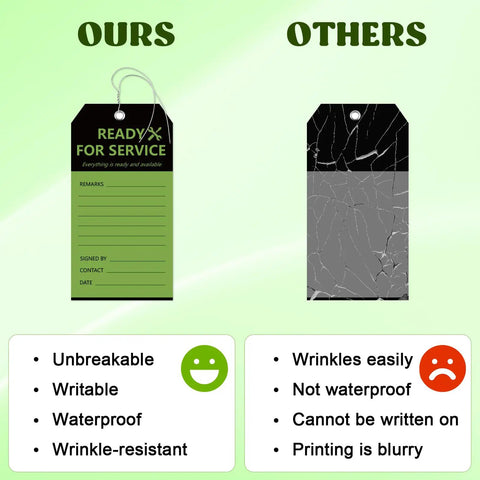 Ready For Service Tag Set 50 Pack 3x5 3/4 Inch Wire Grommet Repair Tags For Equipment Black And Green Color Code Tags For Production Status Required Examination And Maintenance In The Shop Cardstock, green tag comparison