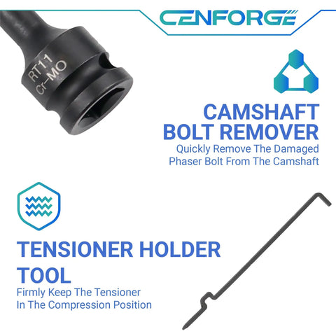Ford Camshaft Holding And Timing Tool Kit For 3.5L And 3.7L 4V Engines, showing camshaft bolt remover and tensioner holder tool.