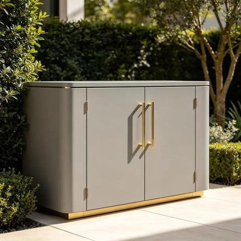 Outdoor storage cabinet with satin brass hardware, surrounded by greenery, showcasing Built Tough 4 Pack Heavy Duty Satin Brass Hinges In Stainless Steel Four Inch Size Satin Gold Finish For Exterior Wood Doors Shutters Security Gates And Outdoor Storage Includes Seven Exact Hole Size Options For A Precise Fit.