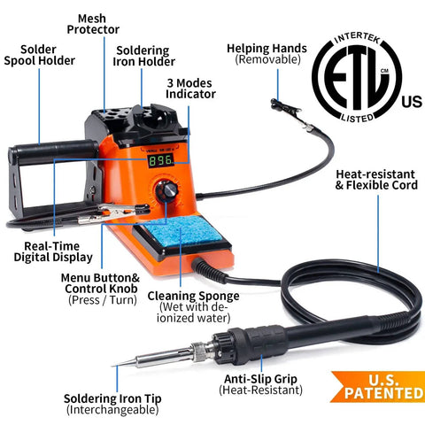 60W LED Display Soldering Station Kit with 2 Helping Hands, showing temperature readout and control features, US patented