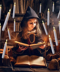 Child in witch costume reading with Flameless Flickering LED Taper Candles 7 Inch Ivory Plastic Roman Column above