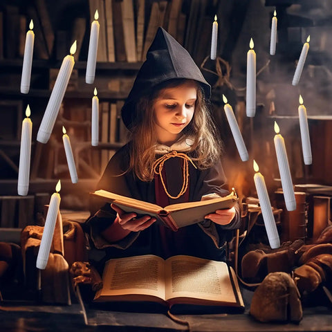 Child in witch costume reading with Flameless Flickering LED Taper Candles 7 Inch Ivory Plastic Roman Column above