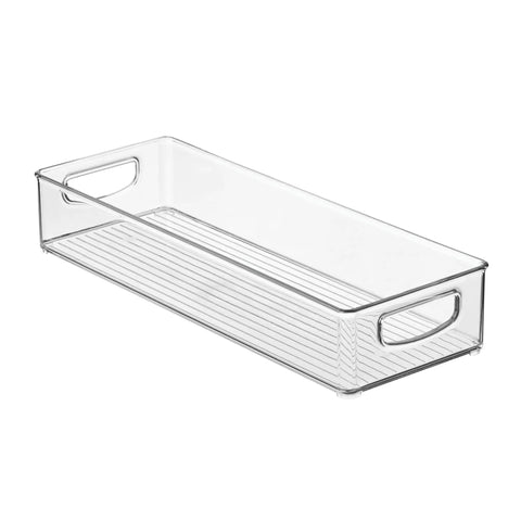 Sleek Extra Long Clear Storage Bins Pack Of 4 Heavy Duty Stackable Plastic Organizers For Deep Pantry Shelves Cabinets And Fridge Drawers kitchen organizer with handles