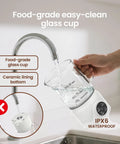 4 In 1 Milk Frother With Led Touch Screen And Ceramic Lined Bottom, 13.5 Oz Capacity For Barista Grade Cafe Style Lattes Cappuccinos And Macchiatos At Home, Transparent Glass Shows Frothing, White being cleaned under a faucet