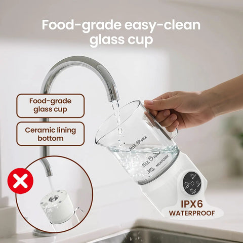 4 In 1 Milk Frother With Led Touch Screen And Ceramic Lined Bottom, 13.5 Oz Capacity For Barista Grade Cafe Style Lattes Cappuccinos And Macchiatos At Home, Transparent Glass Shows Frothing, White being cleaned under a faucet