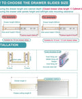 Diagram illustrating installation and size selection for 16 Inch Soft Close Drawer Slides With 100Lb Capacity, Heavy Duty Full Extension Ball Bearing Slides For Kitchen Cabinets, Bathroom And Office.