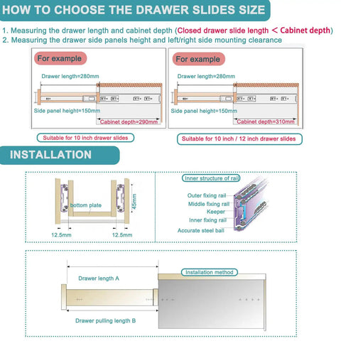 Diagram illustrating installation and size selection for 16 Inch Soft Close Drawer Slides With 100Lb Capacity, Heavy Duty Full Extension Ball Bearing Slides For Kitchen Cabinets, Bathroom And Office.