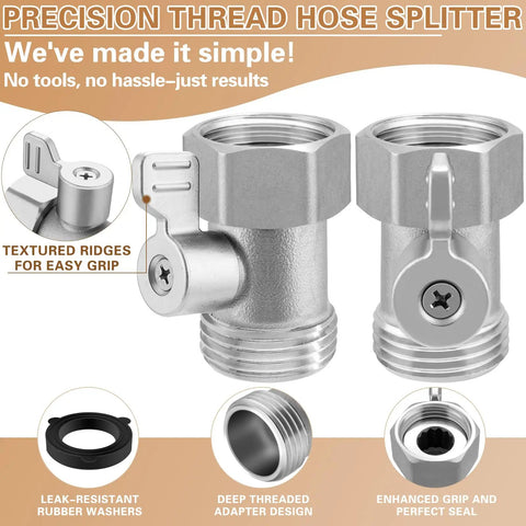2 Pack 304 Stainless Steel Garden Hose Shut Off Valve 3/4 Inch GHT Ball Valve Beefy Heavy Duty Water Shut Off Connector For Outdoor Hoses Rust Proof Corrosion Resistant Built To Last, threaded splitter view