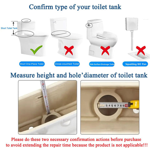 Guide to confirm toilet type and measure hole diameter for use with Two Inch Toilet Flush Valve Assembly For Most One Piece Toilets With Top Push Button Universal Fit, Replacement Part For Dual Flush Systems, Works With Tank Hole Size 2.56 To 2.76 Inches, Easy Install, Durable Repair Kit.