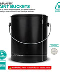 One Gallon Black Plastic Paint Bucket With Triple Lock Airtight Seal, Leak-Resistant And Rust-Proof, showing dimensions and warnings.