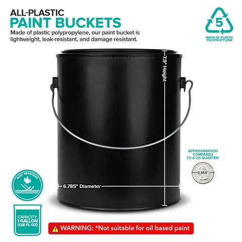 One Gallon Black Plastic Paint Bucket With Triple Lock Airtight Seal, Leak-Resistant And Rust-Proof, showing dimensions and warnings.