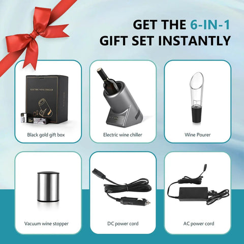 6-in-1 gift set featuring Electric Wine Bottle Chiller alongside accessories in a stylish display.