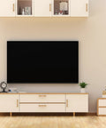 Modern living room with mounted TV and cabinets using Beech Wood Drawer Pulls 10 Pack Gold Finish Cabinet Handles And Knobs for decor.