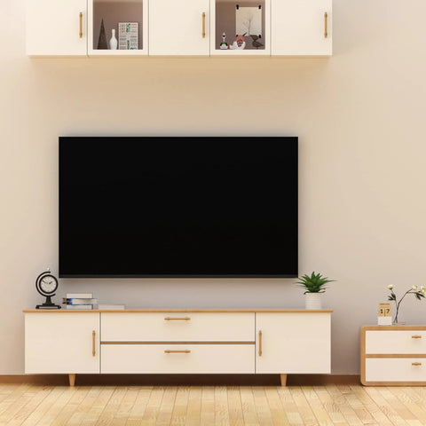 Modern living room with mounted TV and cabinets using Beech Wood Drawer Pulls 10 Pack Gold Finish Cabinet Handles And Knobs for decor.