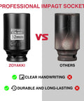 Badass Six Point Metric Impact Socket For Axle Nuts With One Half Inch Drive And Thirty Two Millimeter Deep Design comparison with a worn-out socket.