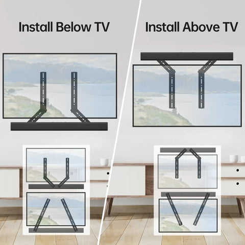 Rock Solid Soundbar Mount Bracket Adjustable Above Or Under TV No Sweat Install Detachable Extension Plates installation options above and below TV
