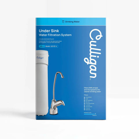 Under Sink Water Filtration System With Dedicated Chrome Faucet Four EZ Change Filters Premium Filter box image