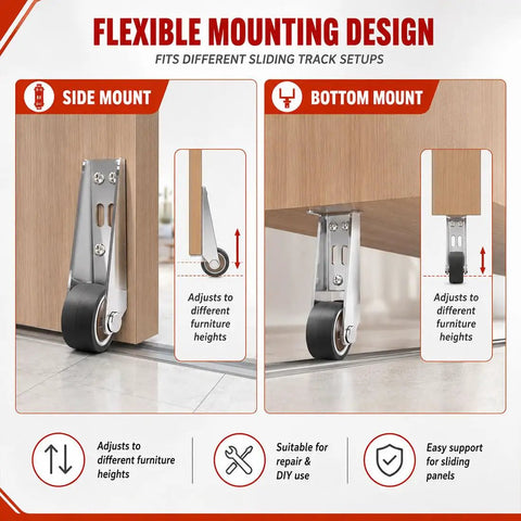 Flexible mounting design for Heavy Duty Vertical Track Roller Wheels For Sliding Doors And Cabinets with side and bottom mount options.
