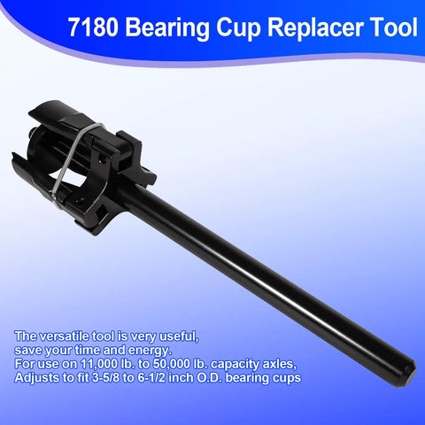 Heavy Duty Adjustable Bearing Cup Replacer Tool For Big Rig And Trailer Axles Fits 3 5/8 To 6 1/2 Inch Outer Diameter showing heat treated steel construction.