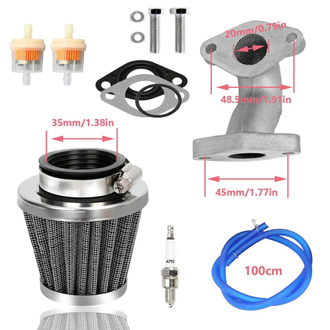 Carburetor Kit For 50cc To 125cc 4 Stroke ATVs Quads Go Karts With Air Filter Intake Manifold And Fuel Filters, components displayed.