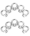 10 Pack Lifting Eye Nut Set 3/8 UNC Coarse Thread Marine Grade Stainless Steel 316 For Corrosion Resistant Lifting, Rigging, Tow Points, And Beefy, Heavy Duty Anchor Applications. Stainless steel lifting eye nuts arranged in two rows, showcasing their circular design and coarse threading.